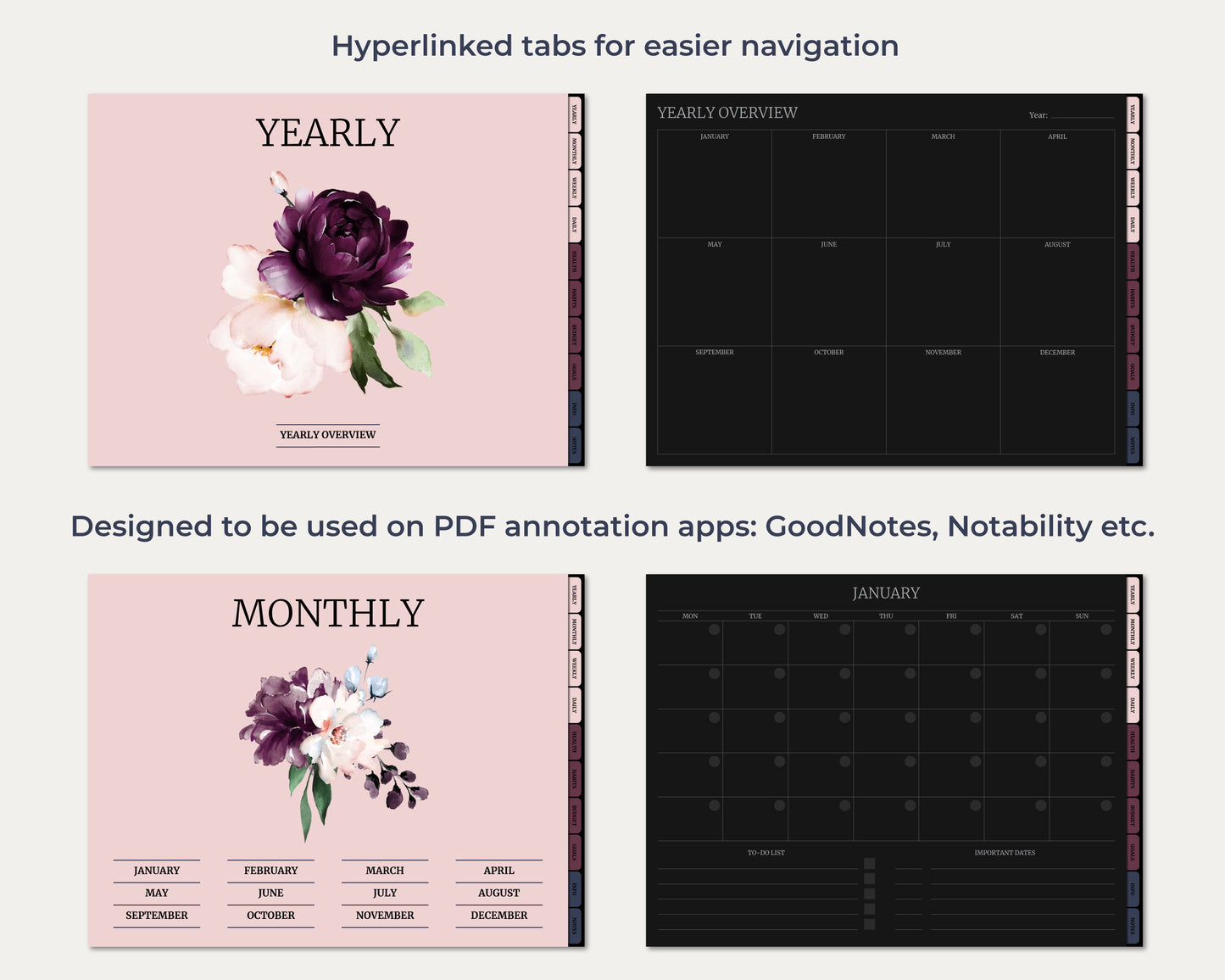 Undated Horizontal Simple Planner - Dark Mode