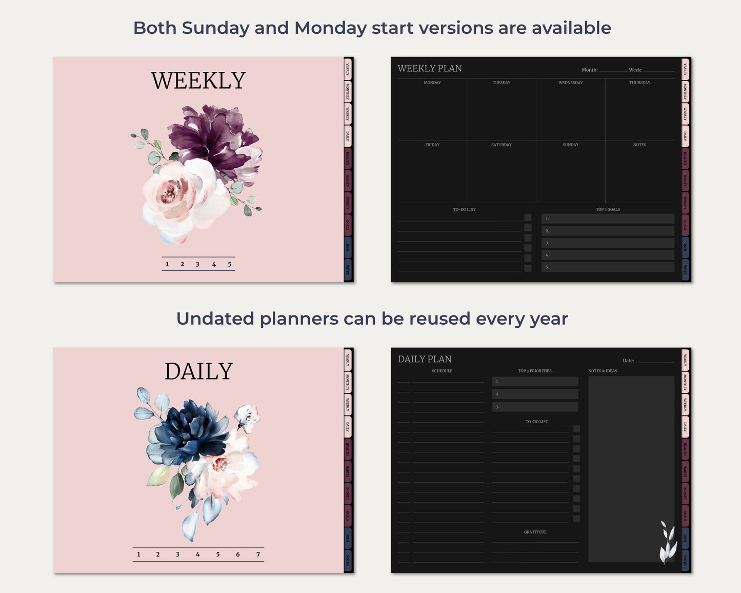 Undated Horizontal Simple Planner - Dark Mode