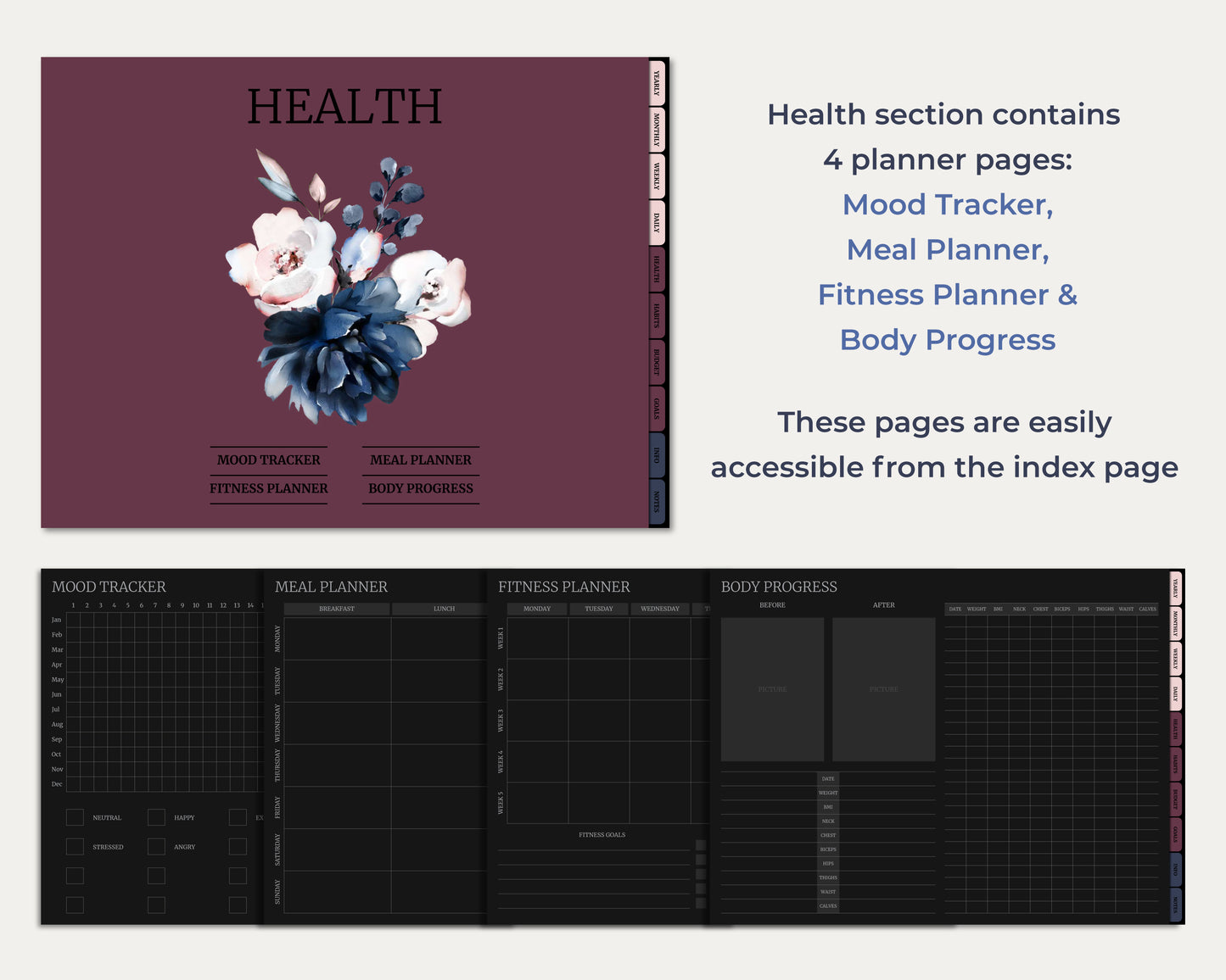 Undated Horizontal Simple Planner - Dark Mode