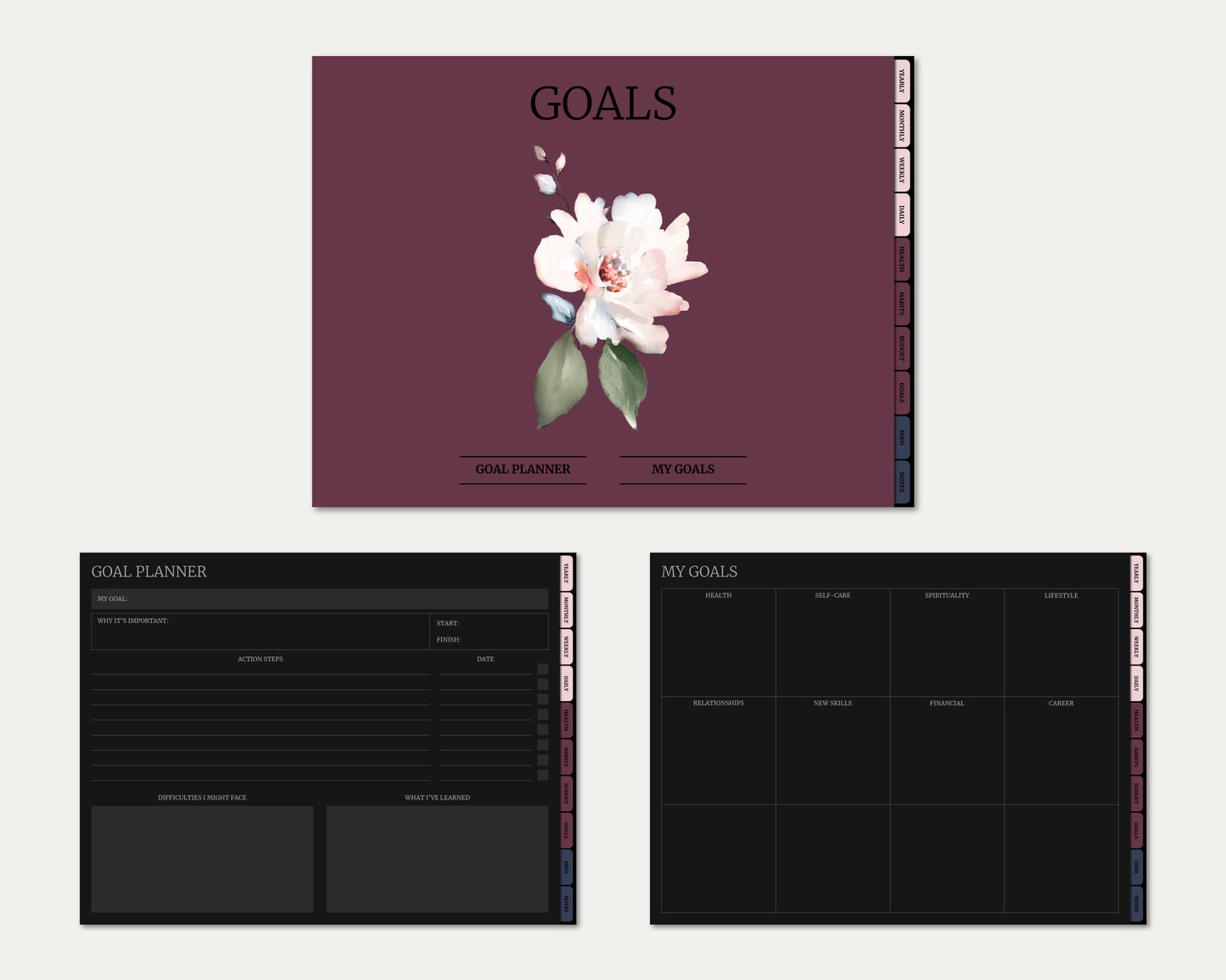 Undated Horizontal Simple Planner - Dark Mode