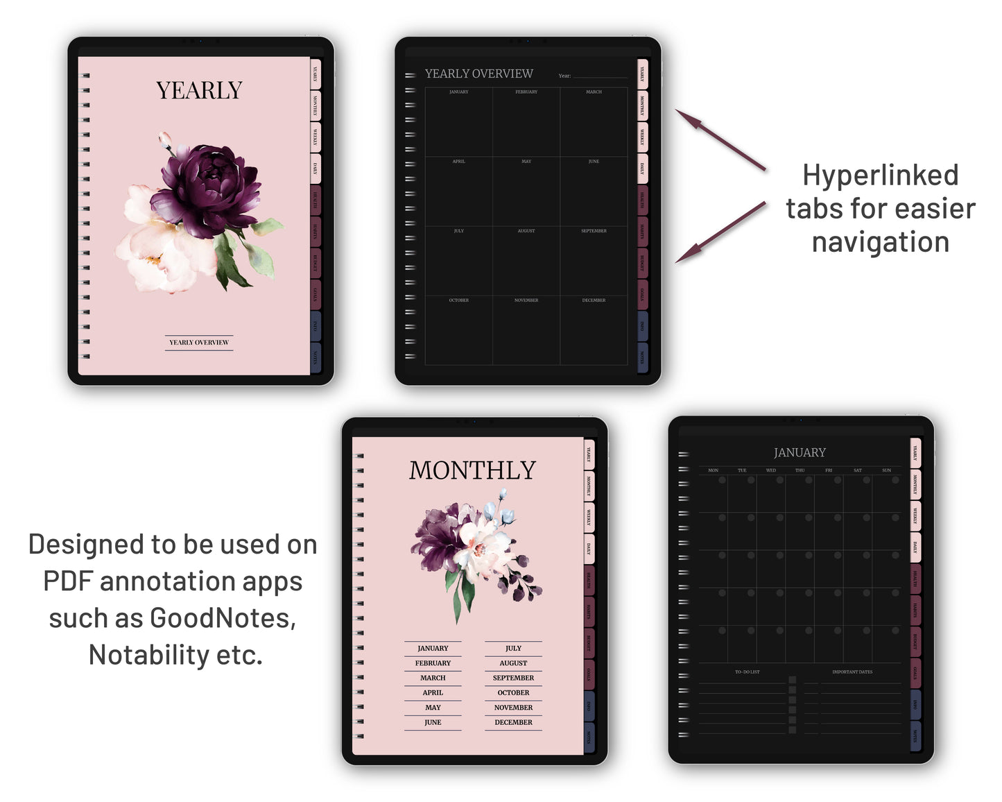 Undated Simple Digital Planner - Dark Mode