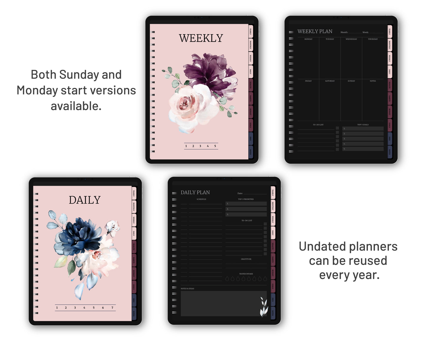 Undated Simple Digital Planner - Dark Mode