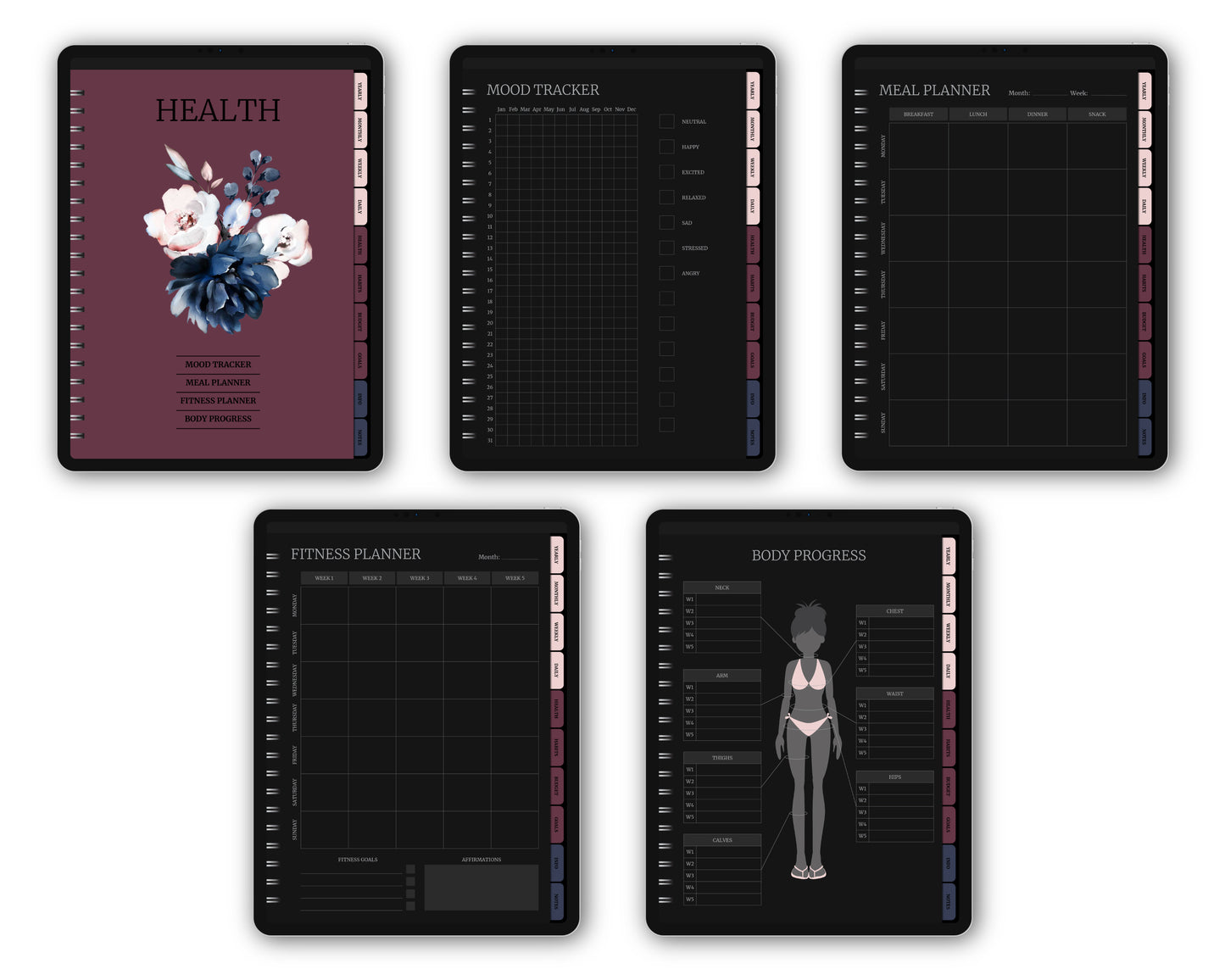 Undated Simple Digital Planner - Dark Mode