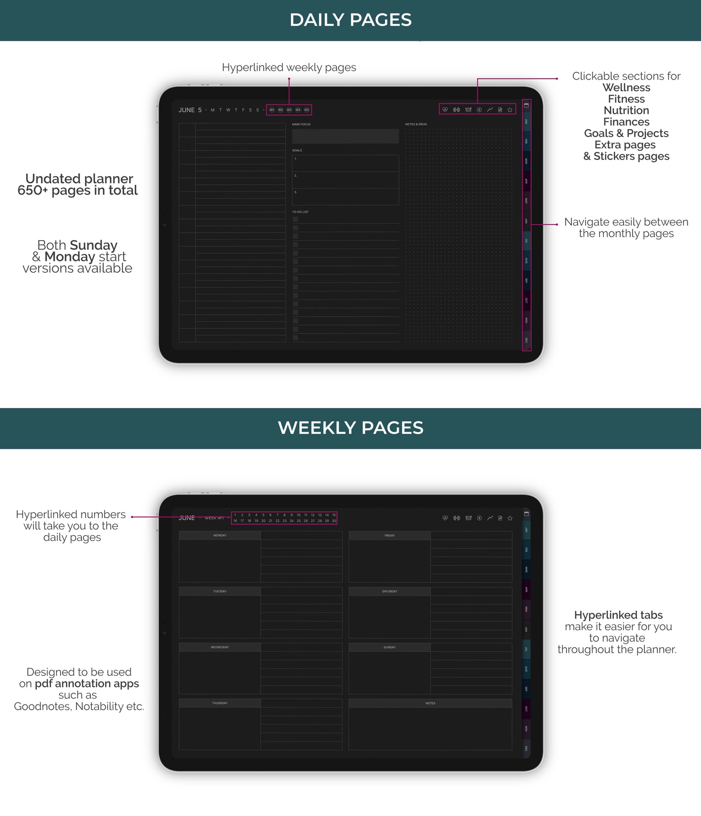 Undated Ultimate Digital Planner - Dark Mode