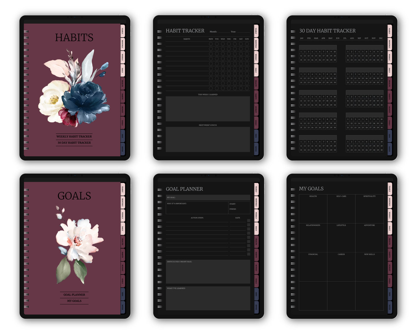 Undated Simple Digital Planner - Dark Mode