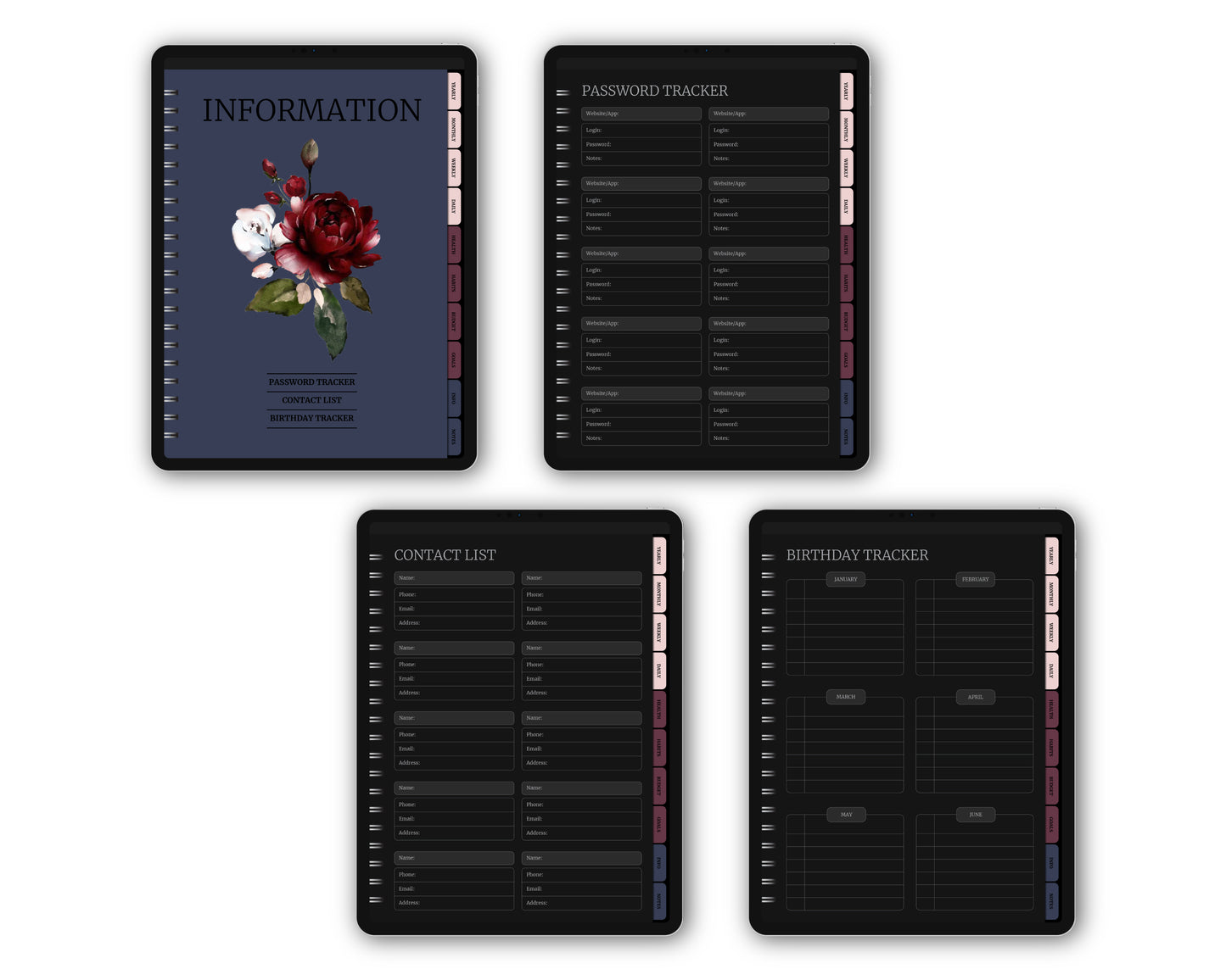 Undated Simple Digital Planner - Dark Mode