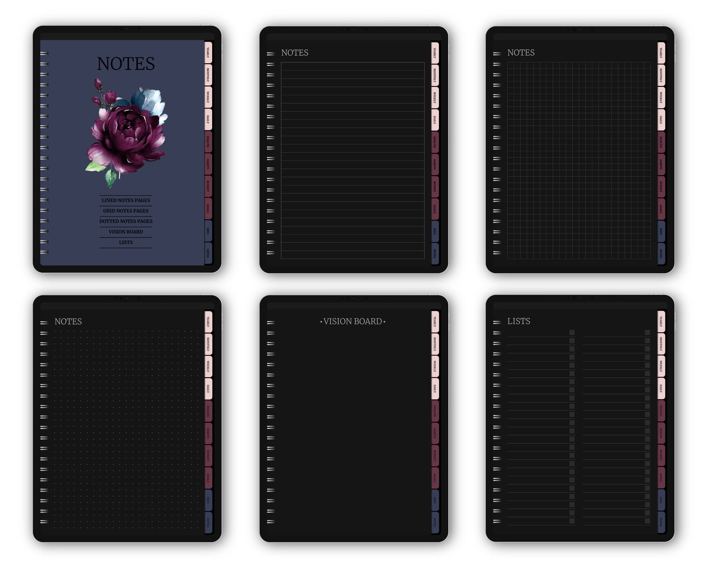 Undated Simple Digital Planner - Dark Mode