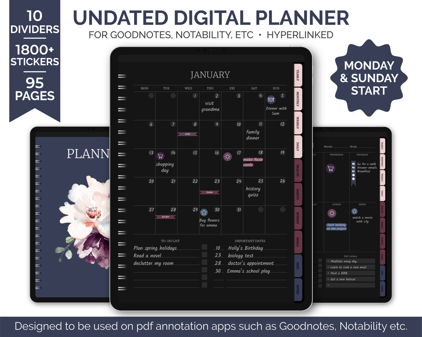 Undated Simple Digital Planner - Dark Mode